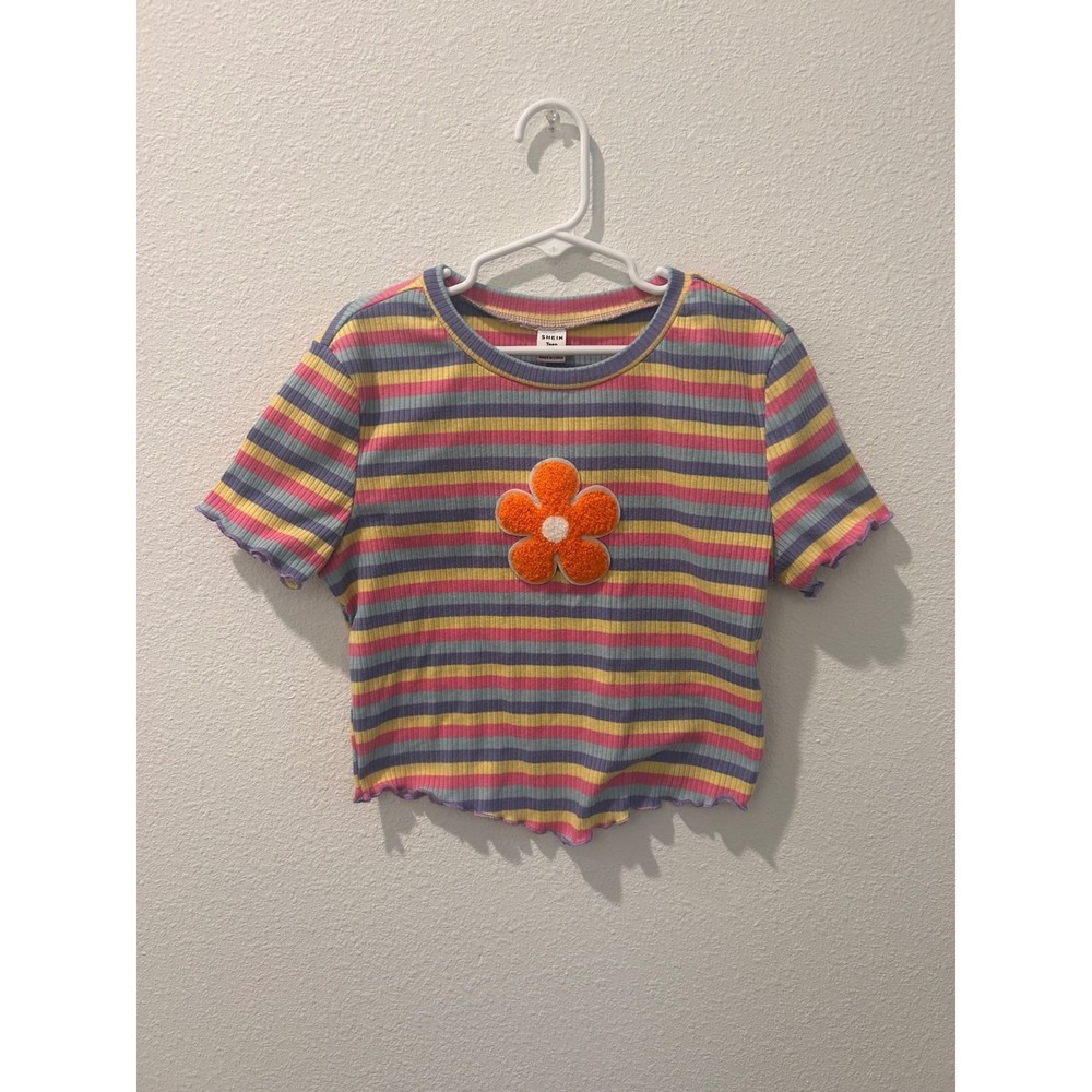 SHEIN Teen Girls Striped Ribbed Knit‎ Flower Patch Lettuce Edge Tee Shirt 12-13Y